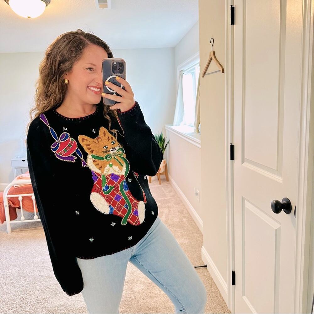 Vintage BP DESIGN Cat Intarsia Holiday Christmas Sweater Medium